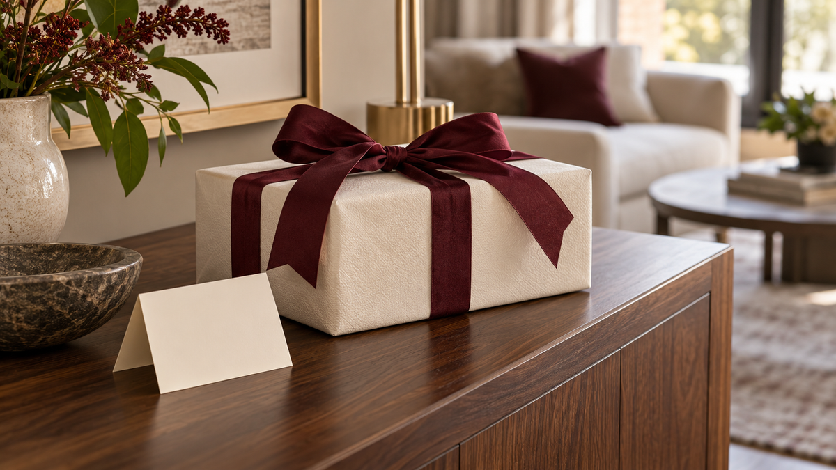 An ivory-wrapped gift with a burgundy ribbon and blank card on a walnut console An ivory-wrapped gift with a burgundy ribbon and blank card on a walnut console
