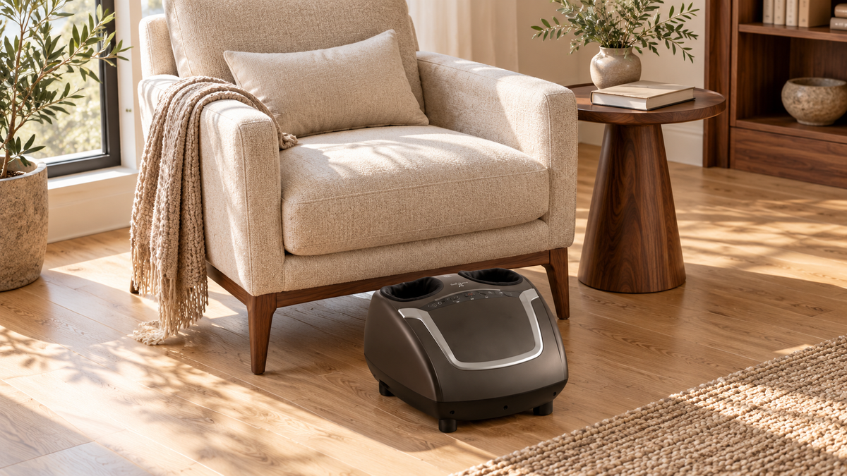 Compact gray-brown Zarifa Foot Massager directly in front of an oatmeal armchair on a wood floor Compact gray-brown Zarifa Foot Massager directly in front of an oatmeal armchair on a wood floor