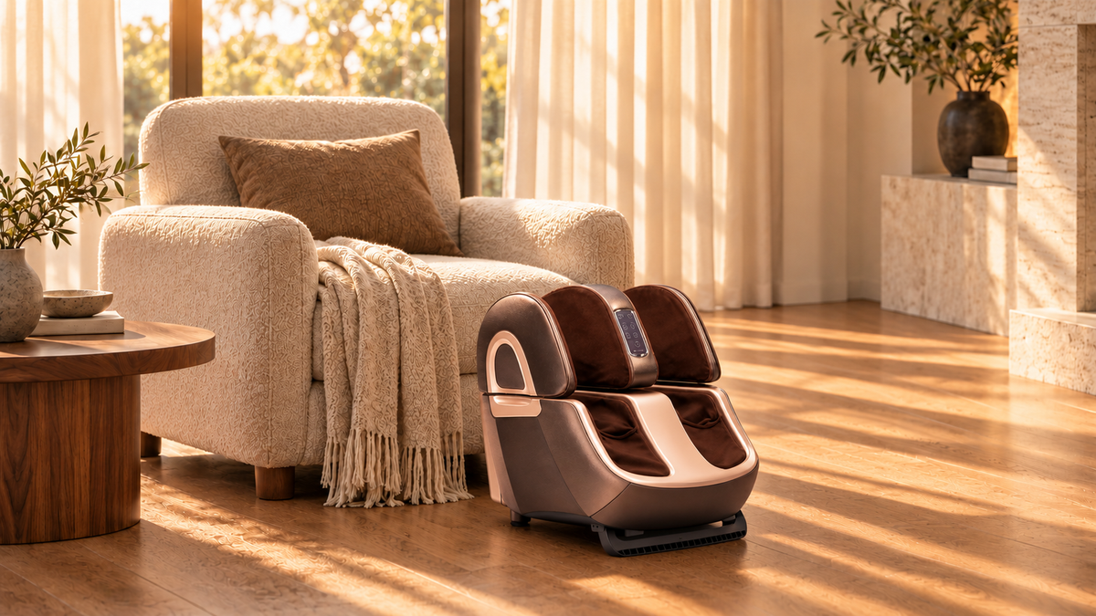 Coffee-brown Zarifa Foot Massager+ positioned in front of an ivory reading chair for seated use in a sunlit living room. Coffee-brown Zarifa Foot Massager+ positioned in front of an ivory reading chair for seated use in a sunlit living room.