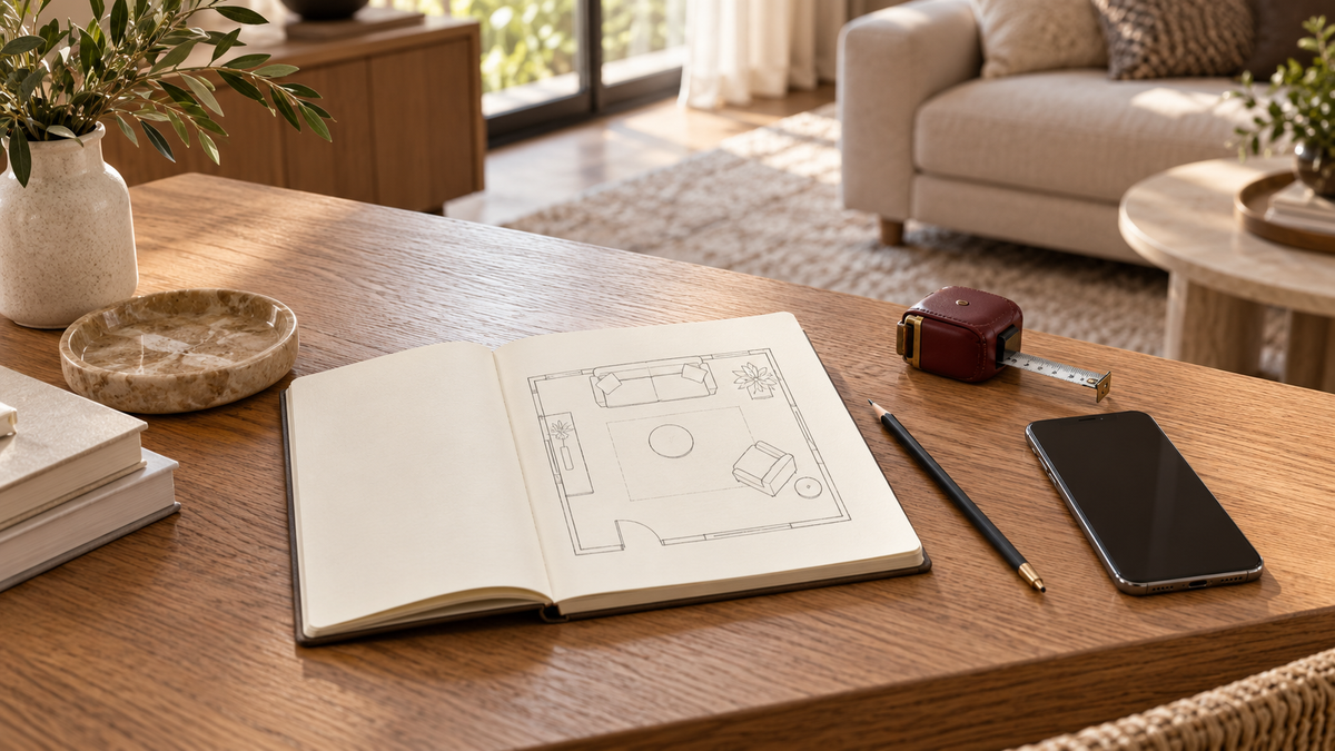 Open notebook with a room sketch, burgundy tape measure, pencil and phone on an oak table.