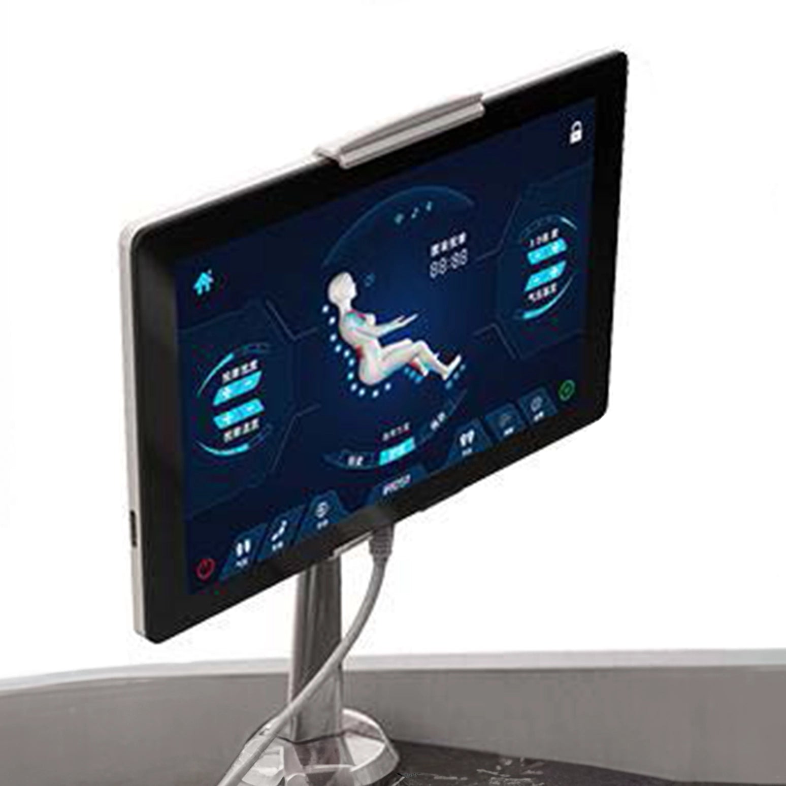 Massage chair touchscreen controller displaying massage programs and body zones