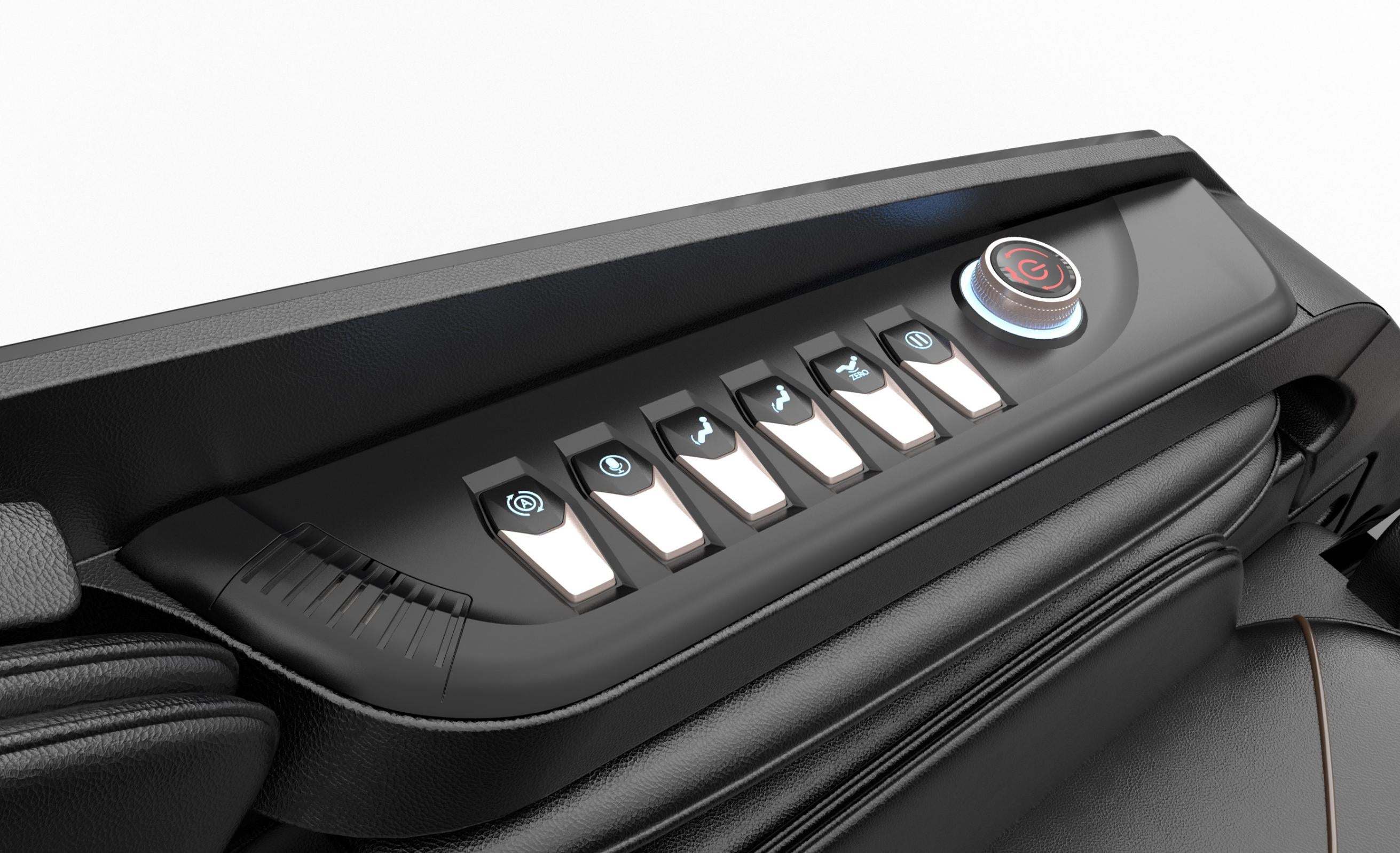 Close-up of black massage chair armrest controls with illuminated buttons and an adjustment dial