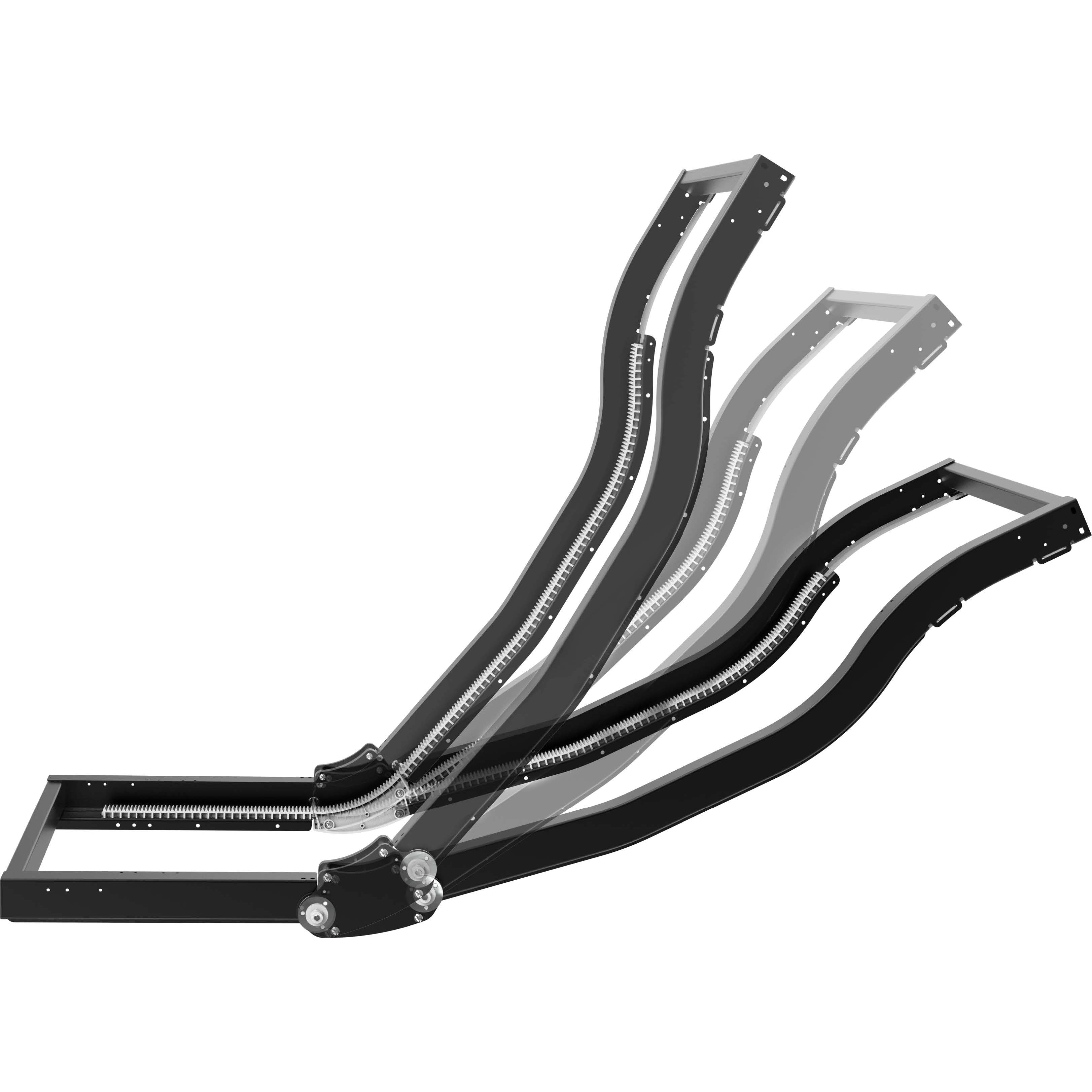 Massage chair metal recline frame shown in three adjustable positions