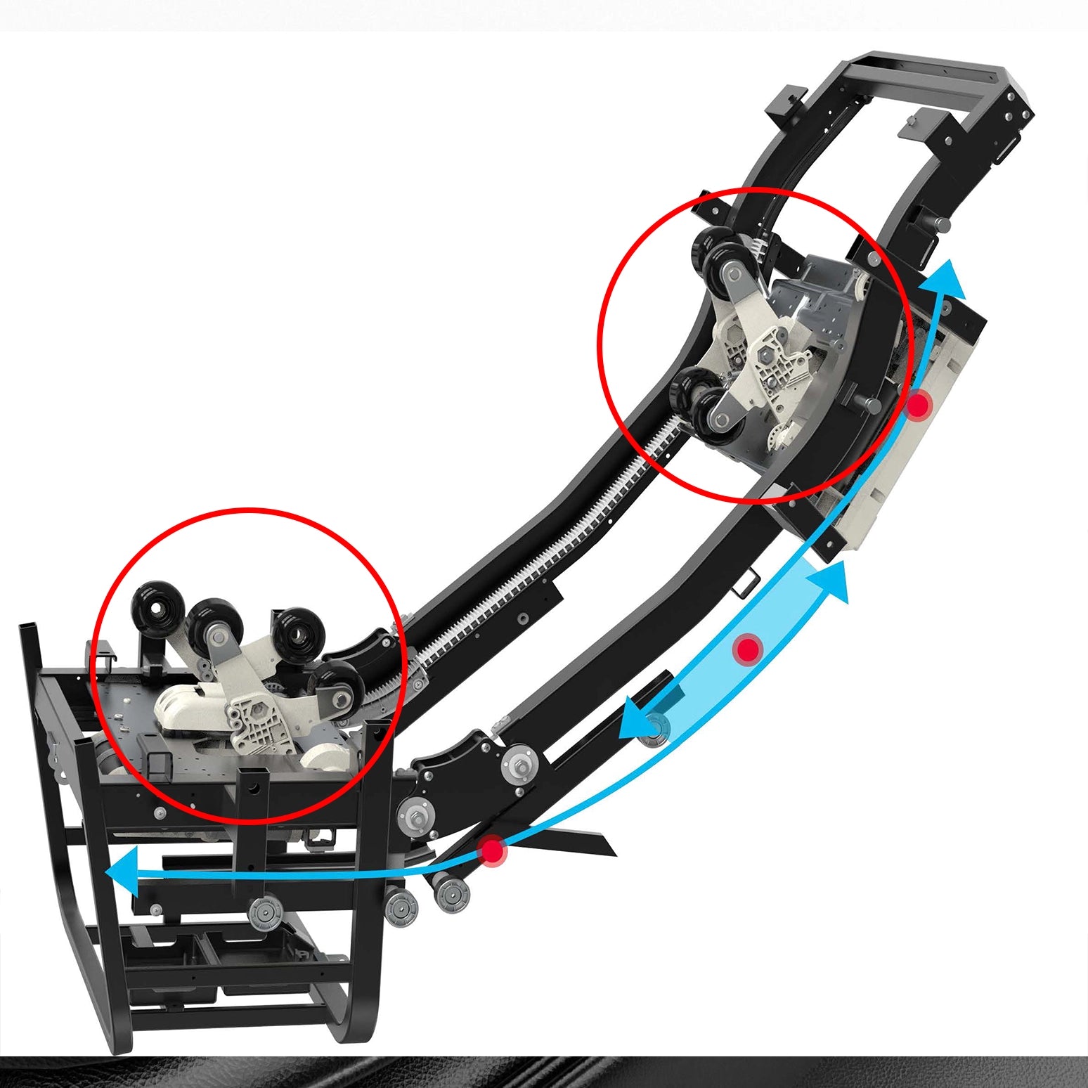 Massage chair frame diagram highlighting dual massage roller nodes and their travel path