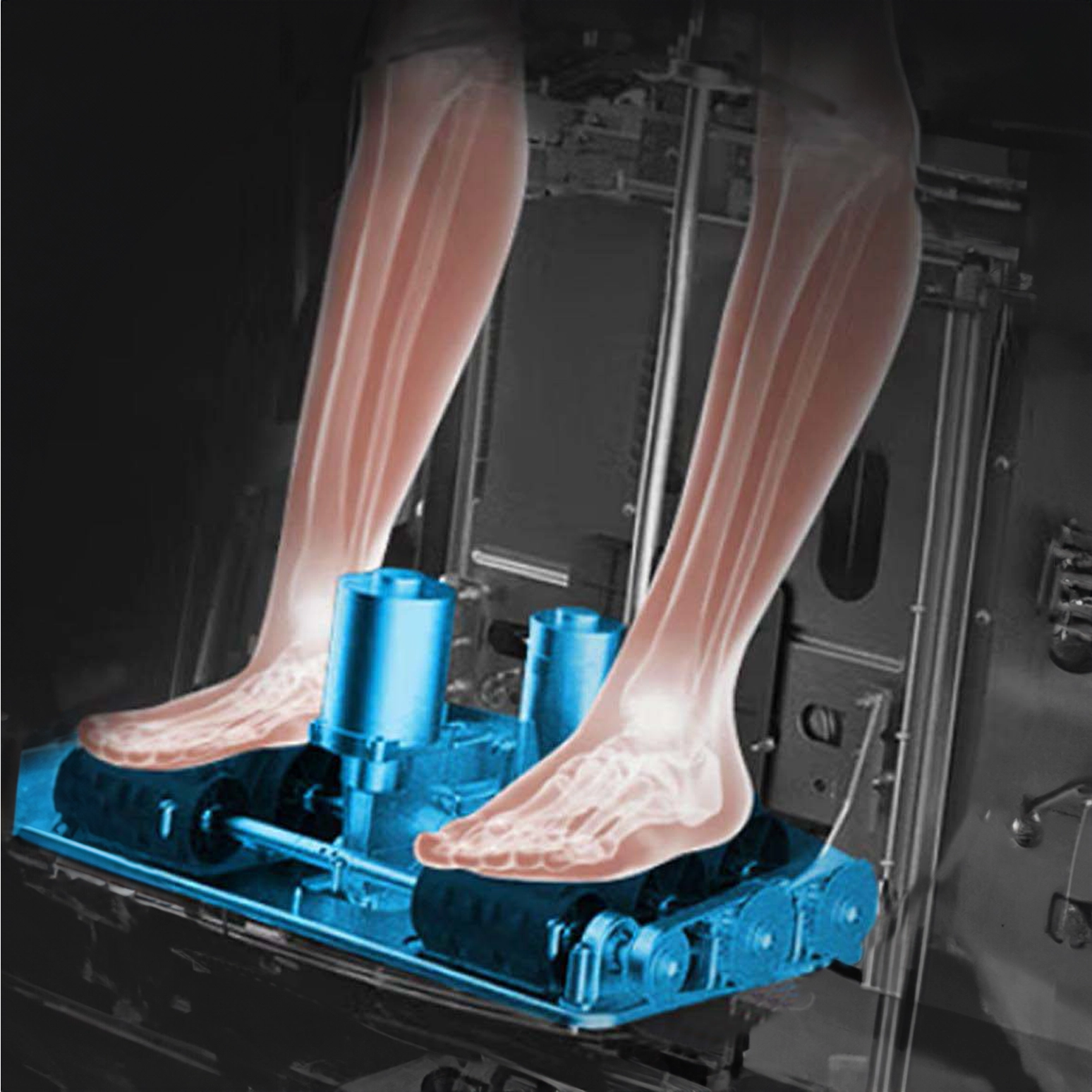 Massage chair foot roller system shown beneath a pair of feet