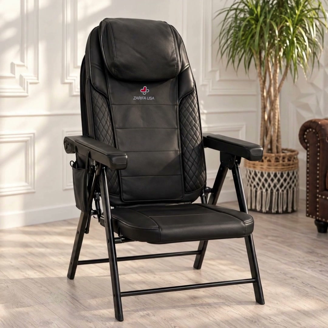 Black Zarifa Z-Fold massage chair in an elegant living room, with a close-up of the remote and a demonstration of folding, lifting and storing the chair beside a bed.