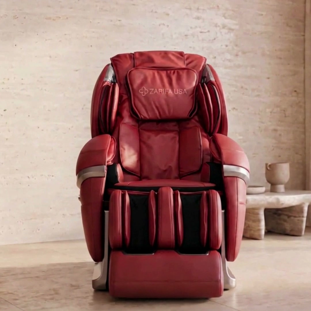 Zarifa Z-Smart massage chair in red, upright with the footrest on the floor, shown from multiple angles with close-ups of the pillows and controls in an elegant living room.