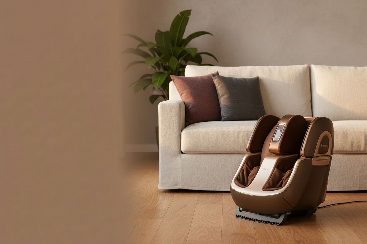 Zarifa Foot Massager+ in front of a cream sofa in a warm modern living room