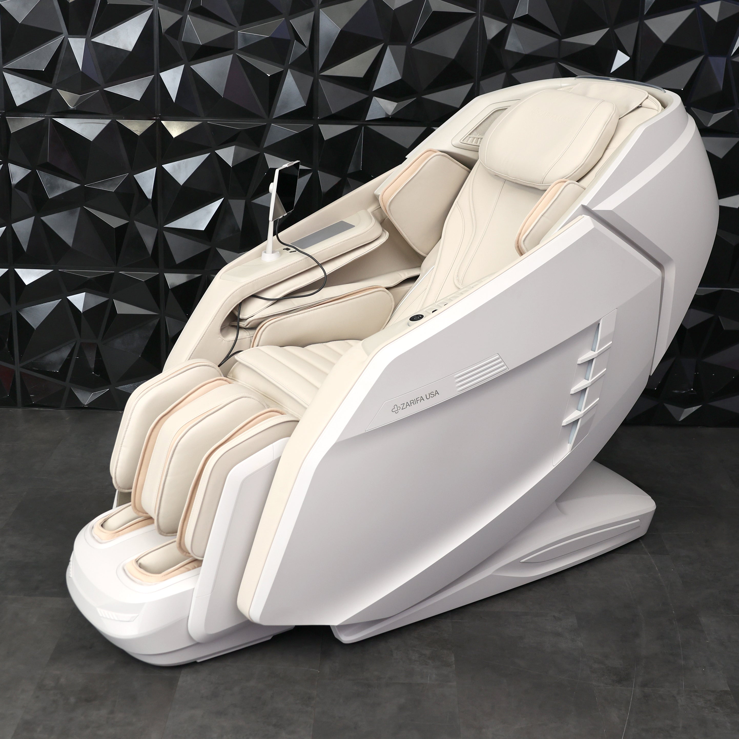 White Z-Smart Pro full body massage chair shown from the front against a black geometric wall
