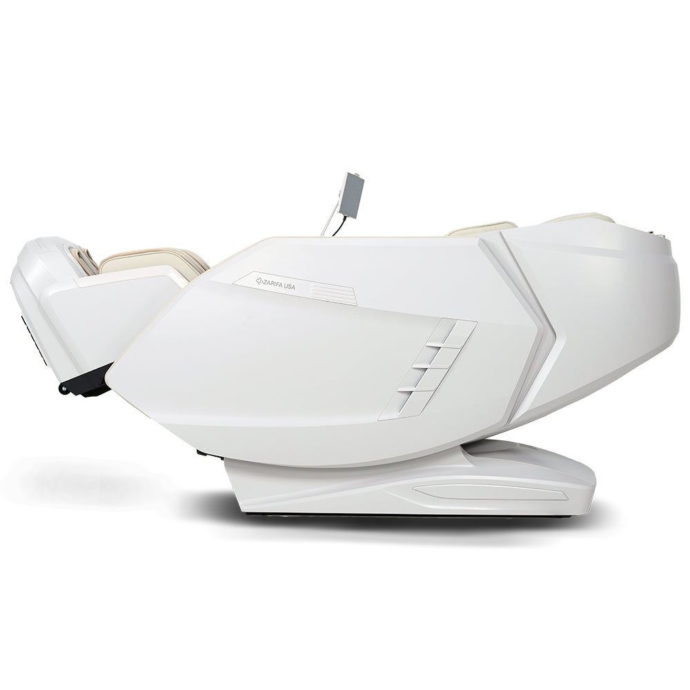White Z-Smart Pro massage chair shown fully reclined from the side