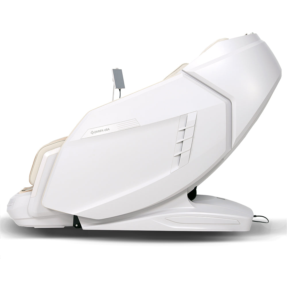 White Z-Smart Pro massage chair shown reclining from the rear side