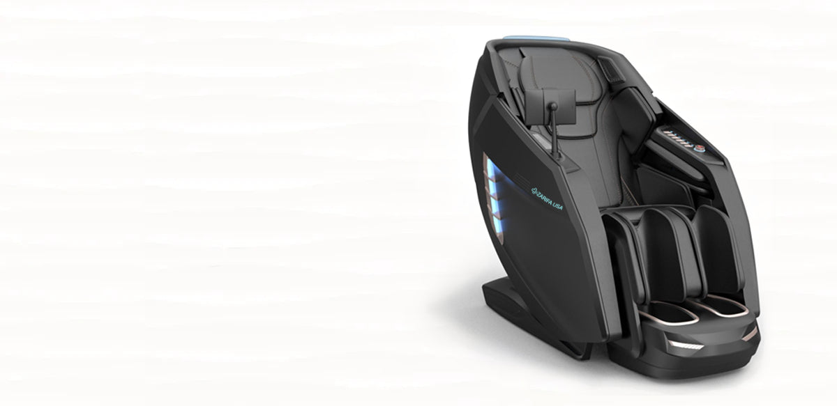 Black Z-Smart Pro massage chair on a white background with copy space for a desktop banner