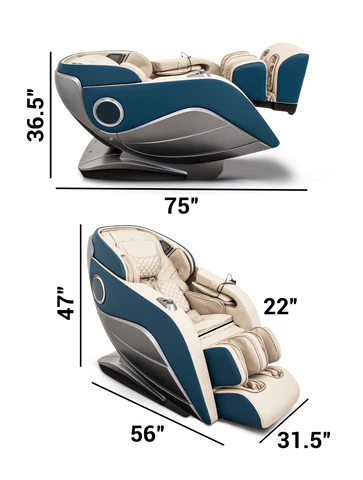 Z-Smart Plus massage chair shown upright and reclined with overall dimensions