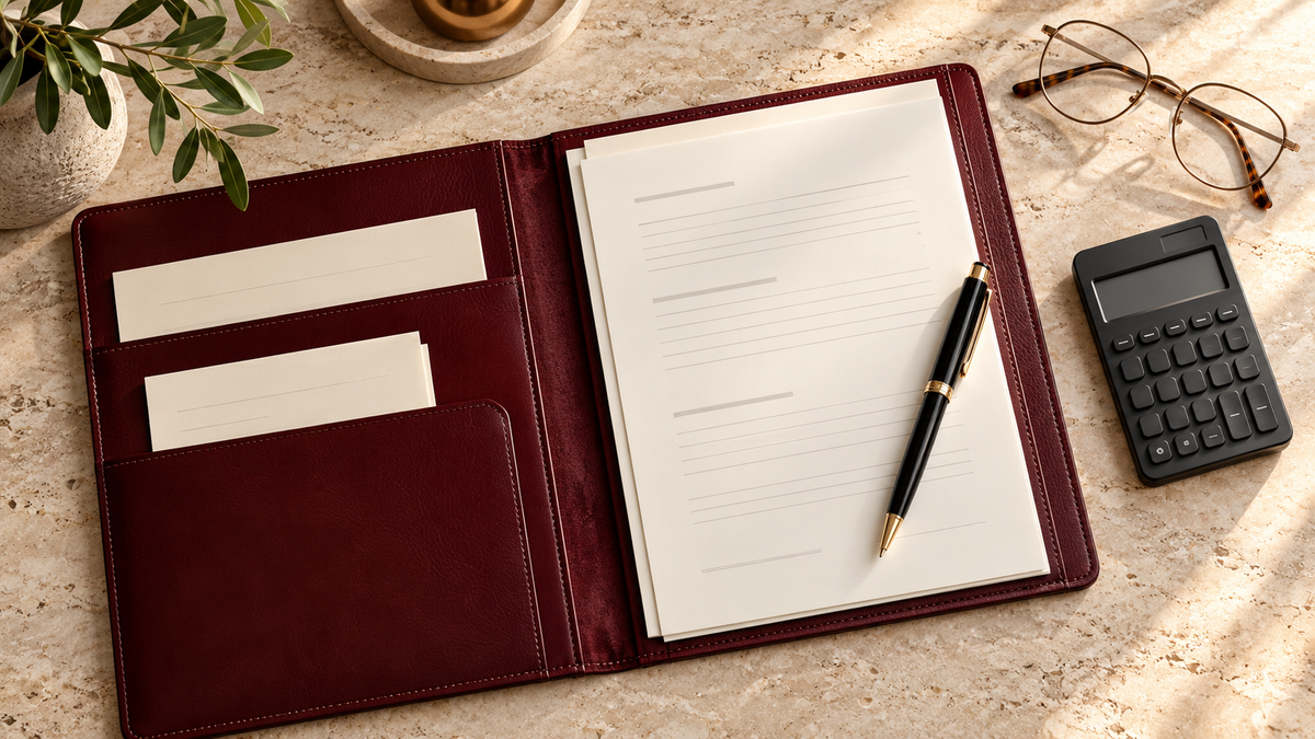 Open burgundy document folio with paperwork, a calculator and reading glasses on a stone desk