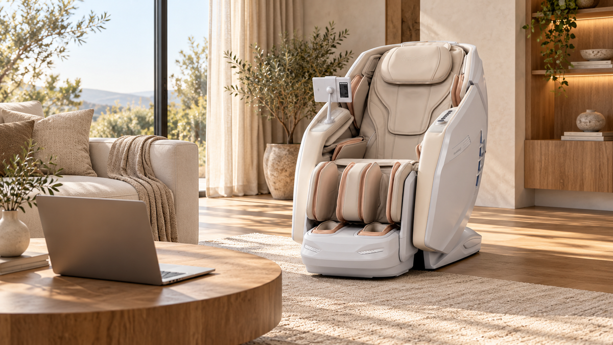 Open laptop on an oak coffee table beside a cream sofa and a white and beige Z-Smart Pro massage chair