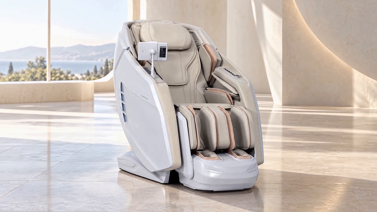 Z-Smart Pro room placement for a larger gift White and beige Z-Smart Pro massage chair with a mounted screen and leg supports in a bright stone living room