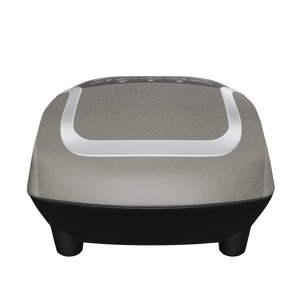 Interactive 3D model of the gray Zarifa Z-Smart Foot Massager with two black fabric foot openings and silver trim. Rotate and zoom to explore the product.