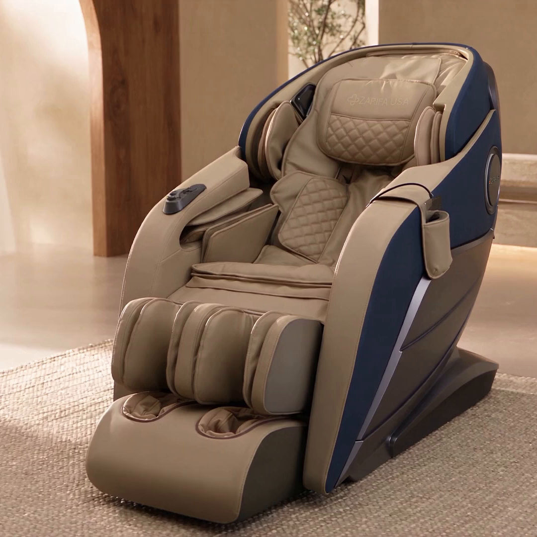 Zarifa Z-Smart Plus massage chair in blue and beige, with close-ups of the arm controls, pillows and illuminated side logo in a luxury living room.