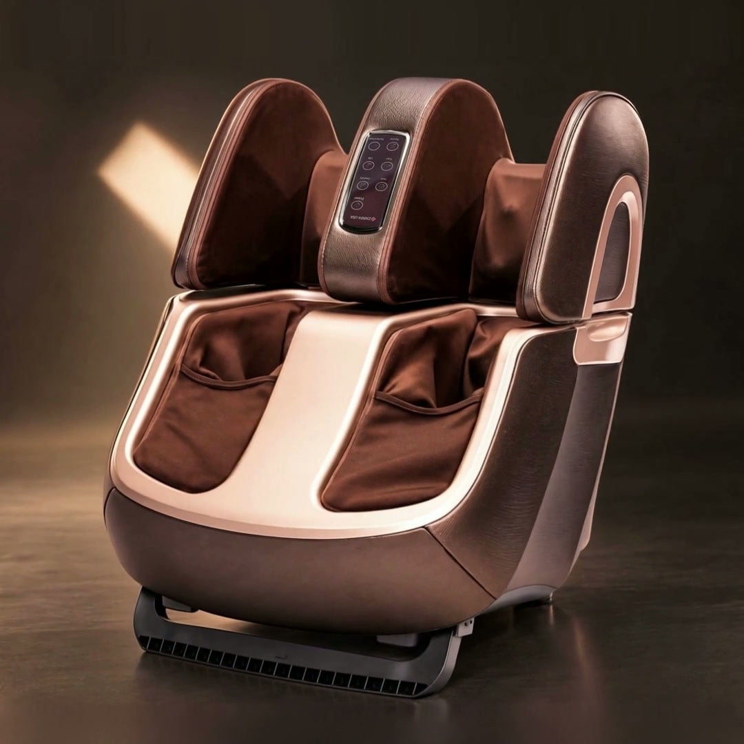 Zarifa Foot Massager+ in coffee brown, showing rotating views of the rear housing, calf supports, foot openings and control panel.