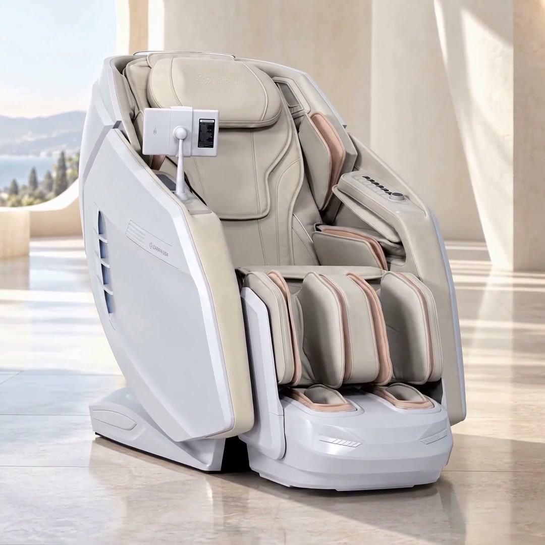 White Zarifa Z-Smart Pro massage chair with beige upholstery in a bright room, shown from multiple angles with close-ups of the stamped pillow logo, arm controls and touchscreen.