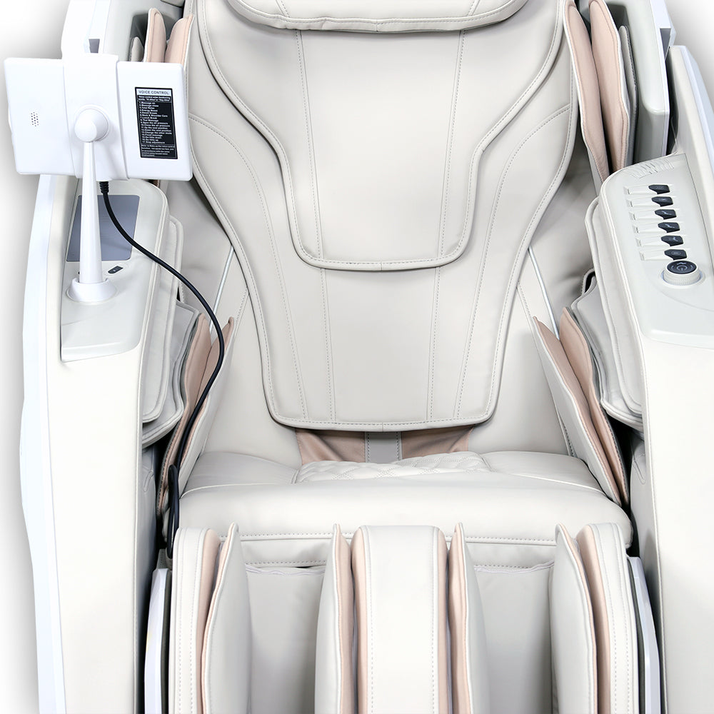 Front view of the Z-Smart Pro massage chair seat, backrest, touchscreen, and armrest controls