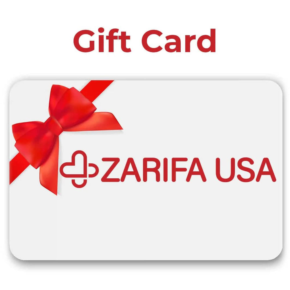 Zarifa USA gift card with a red ribbon bow and Zarifa logo